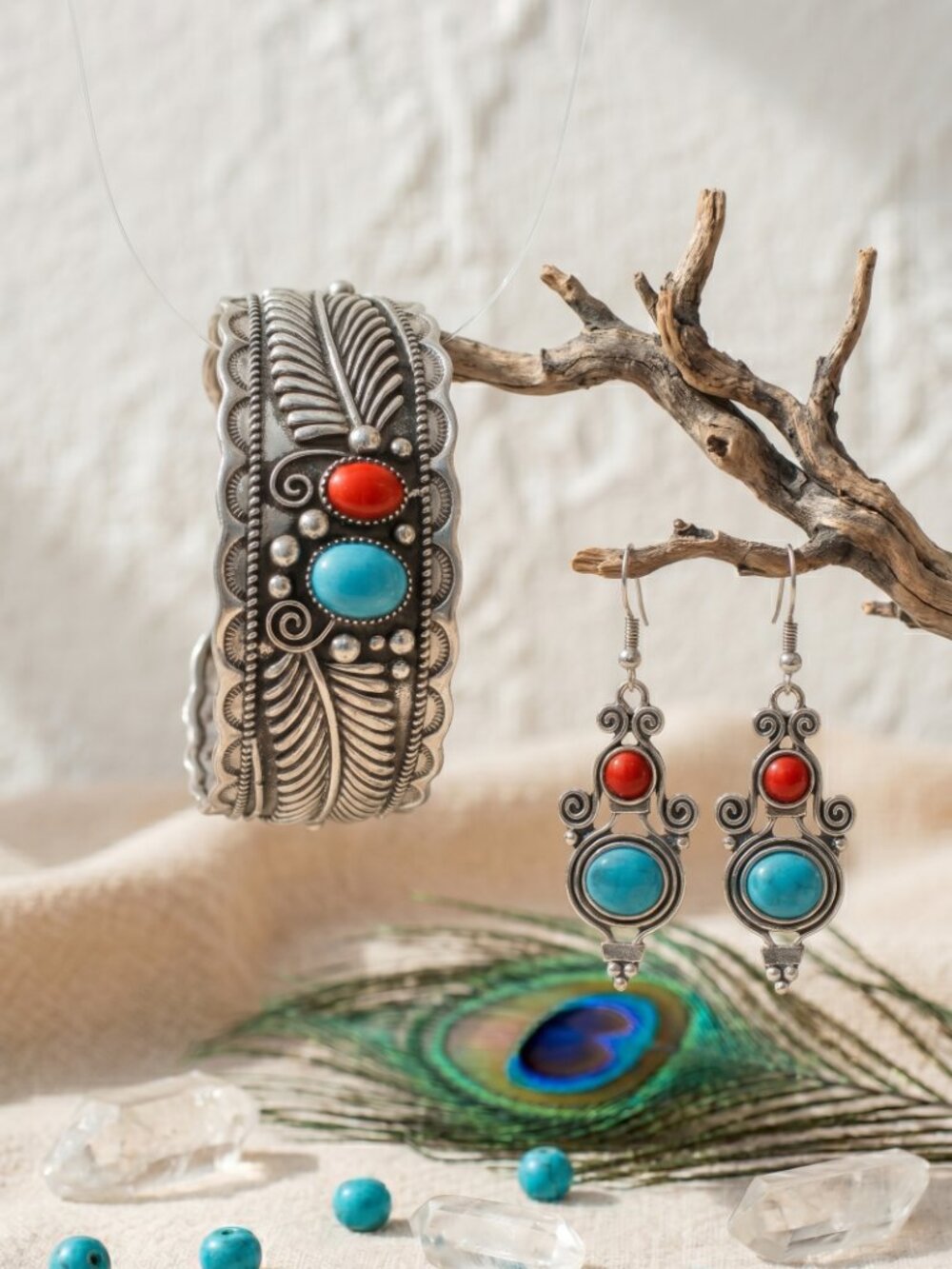 Silver Cuff Bracelet Earrings Set Turquoise Red Coral Southwestern Boho Filigree - Picture 5 of 15